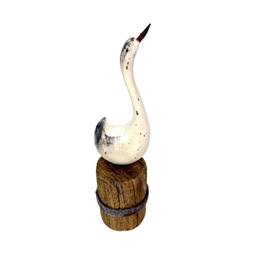 Decorative Wood Swan Figurine Distressed White Coastal Dock Piling 10.75 Inch